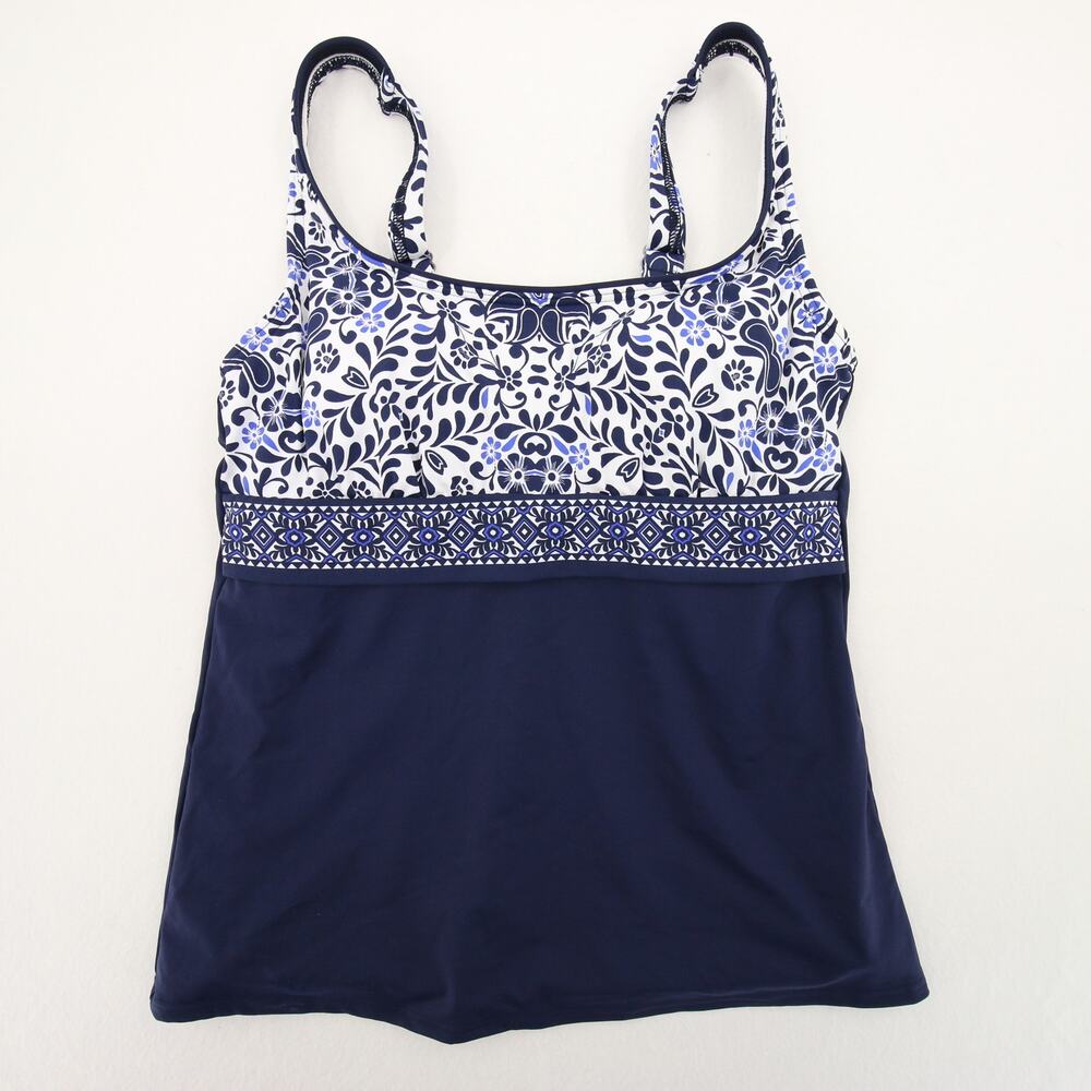 Lands End Tankini Top Blue White Floral Scoop Neck Tummy Control Underwire 6